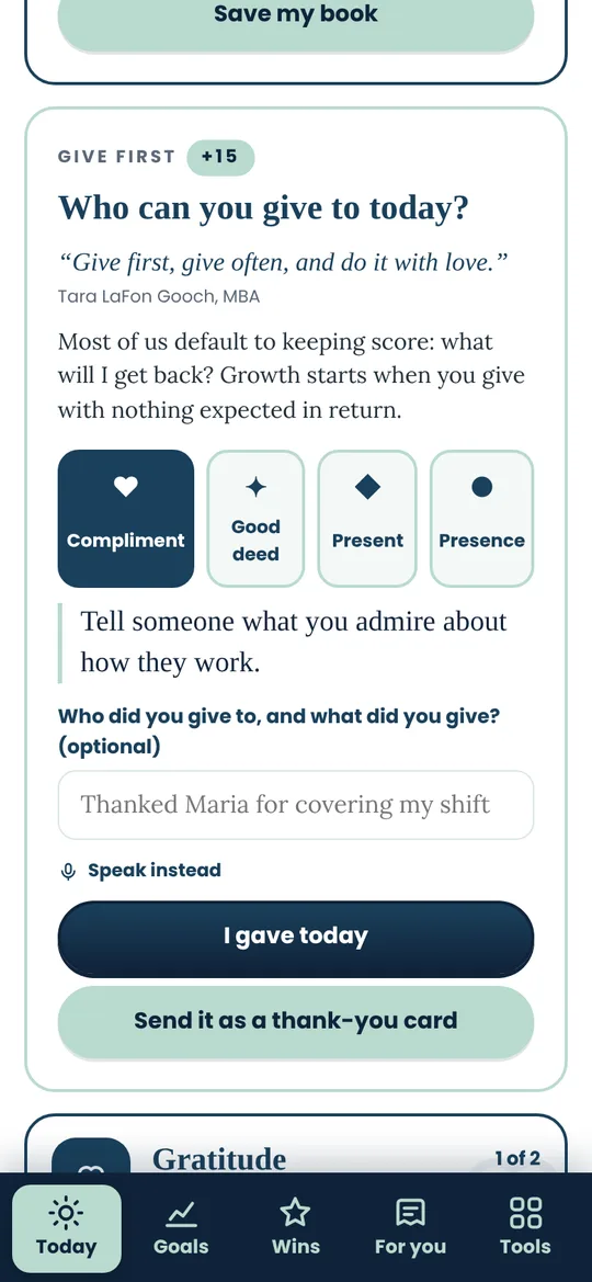The Give first card in the GRASP App