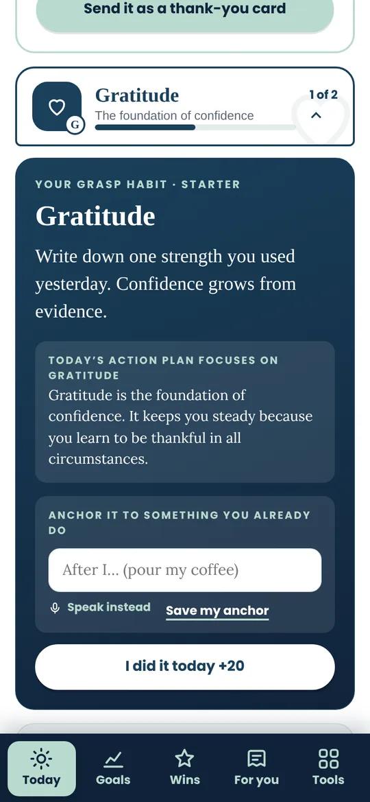 The Gratitude habit card in the GRASP App